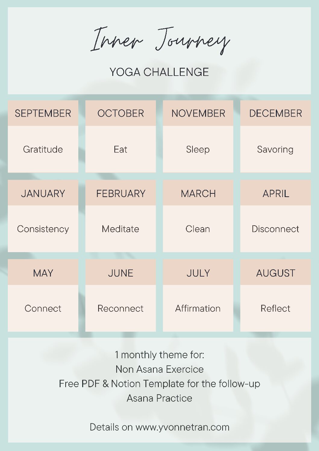 Inner Journey Yoga Challenge, un challenge de yoga sans asana : Calendrier des thèmes par mois